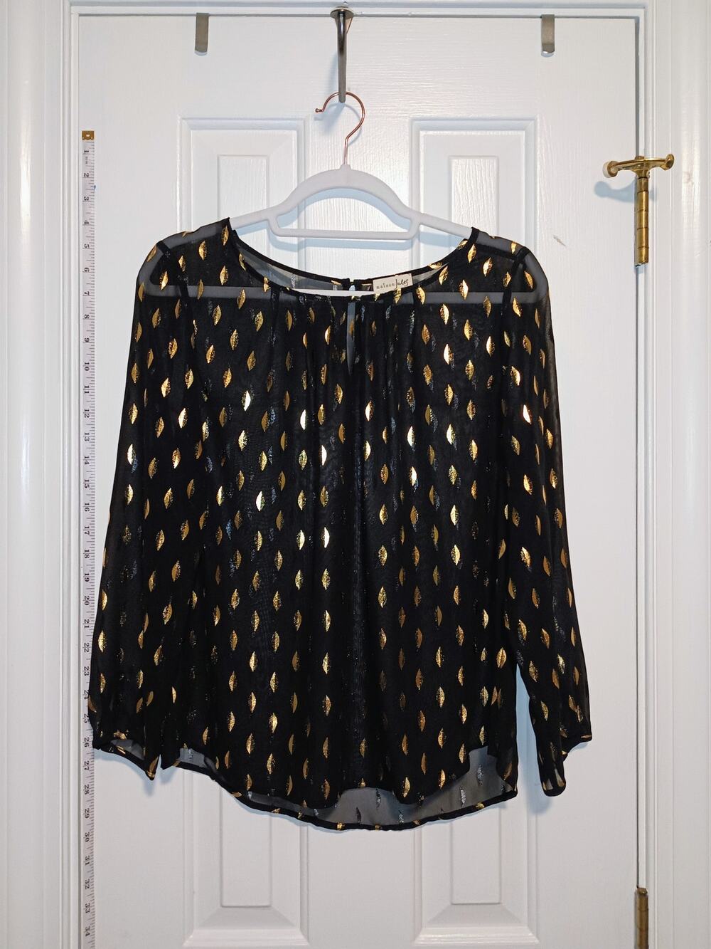 Maison Jules - Black Sheer Metallic Gold Leaf Split Sleeve Blouse - Sz M - EUC